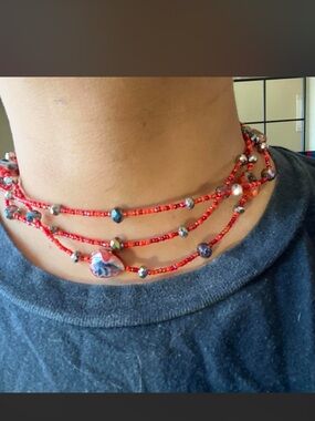Red Beaded Multi-Strand Choker Necklace - Women Jewelry